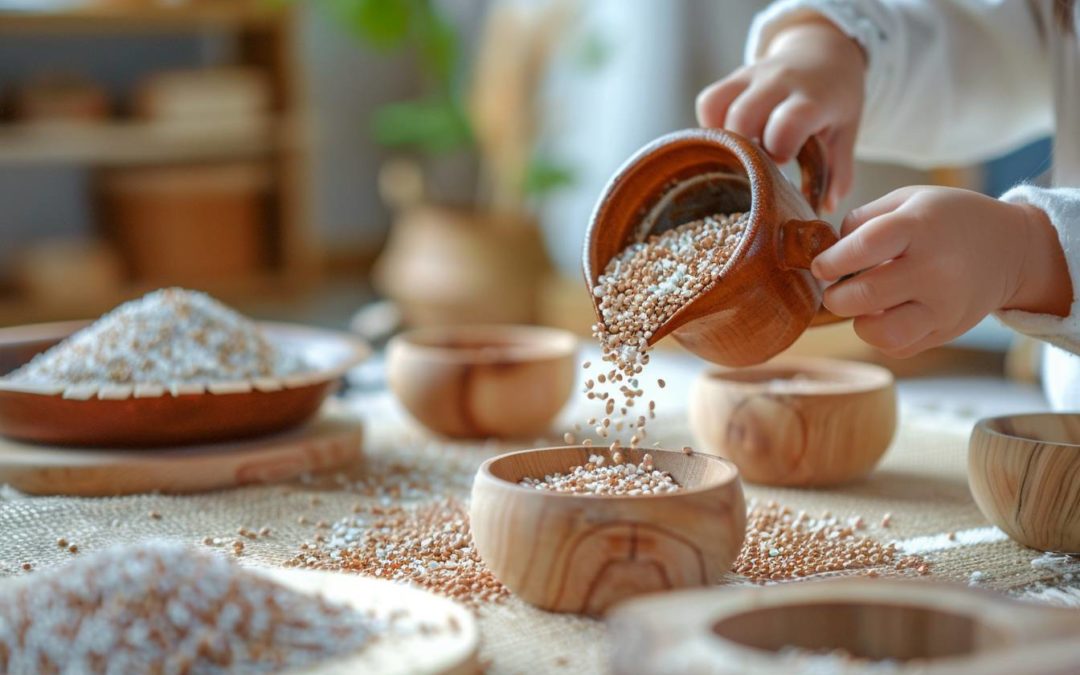 Activité de versement de grains Montessori pour enfants de 3 à 6 ans : une immersion pratique à domicile
