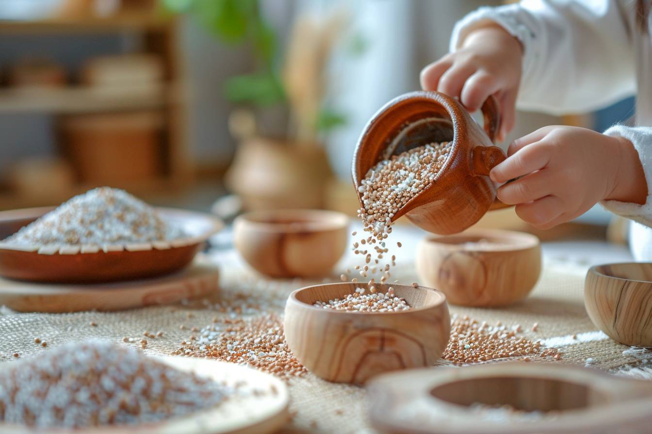 Activité de versement de grains Montessori pour enfants de 3 à 6 ans : une immersion pratique à domicile