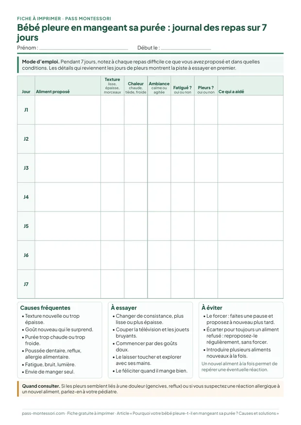 Aperçu du journal des repas sur 7 jours à imprimer quand bébé pleure en mangeant sa purée