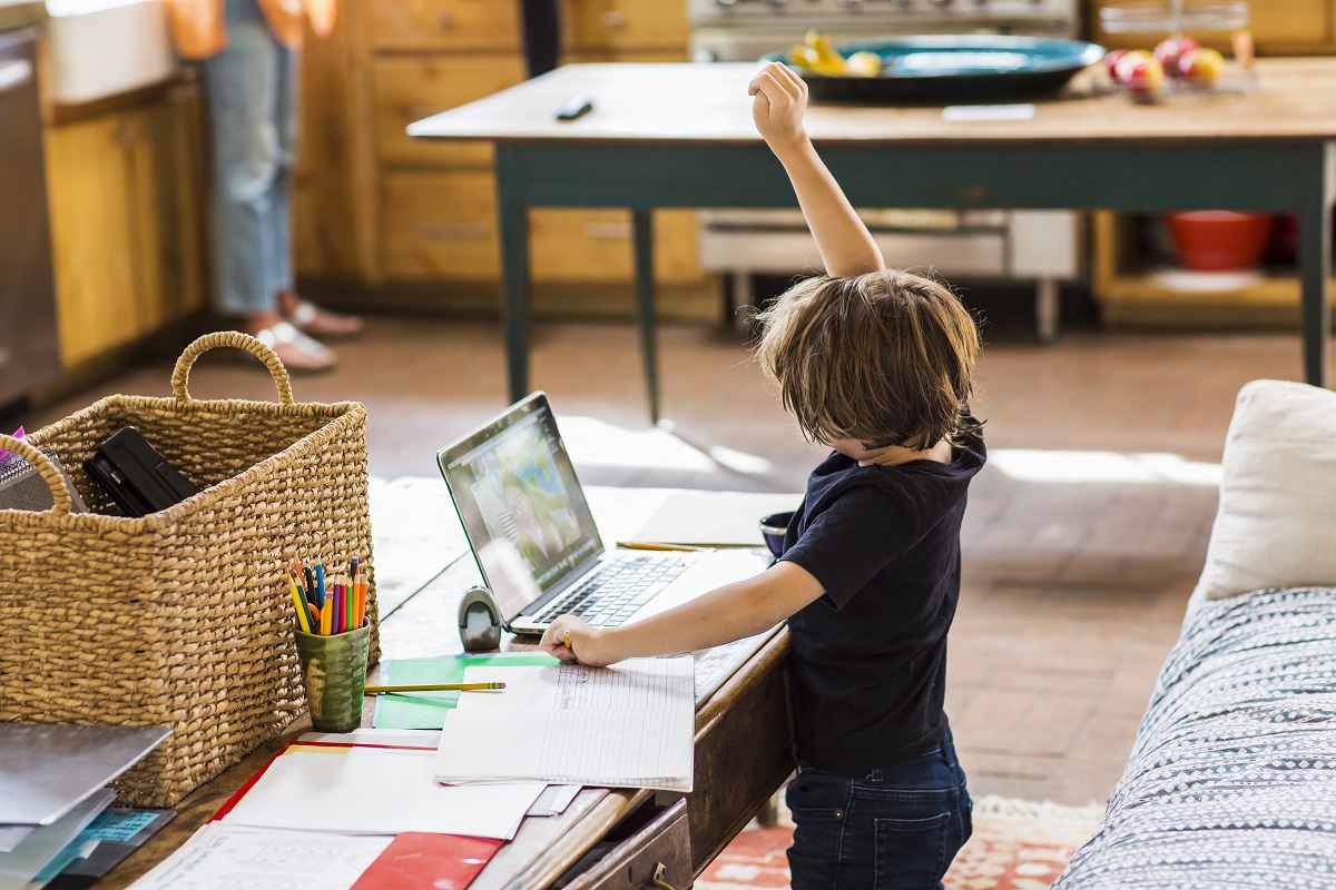 Lockdown,United States,6 year old boy having a remote schooling session with his teacher