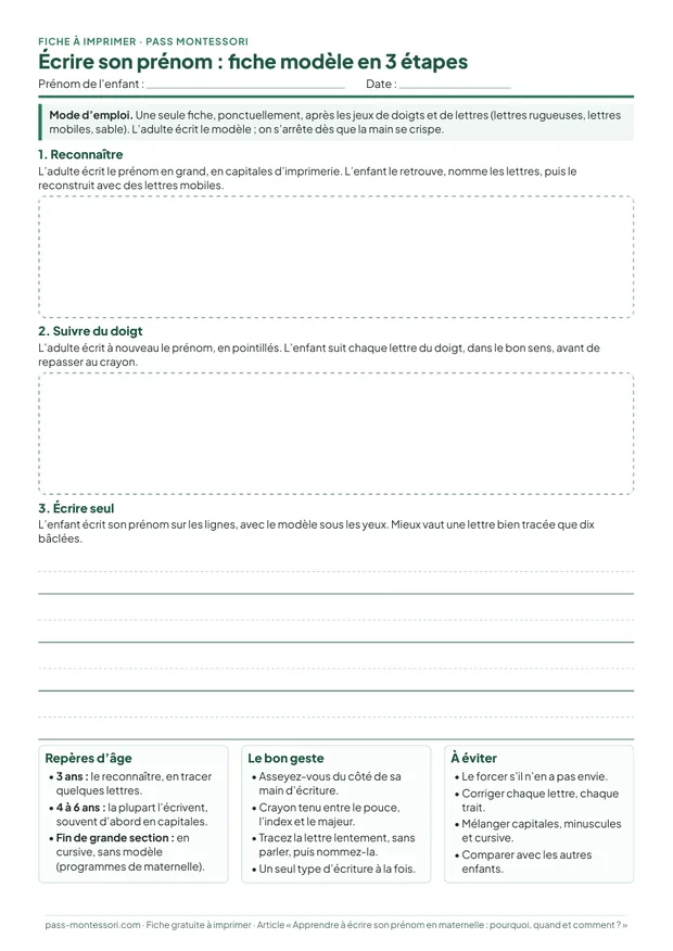 Aperçu de la fiche à imprimer pour apprendre à écrire son prénom en 3 étapes