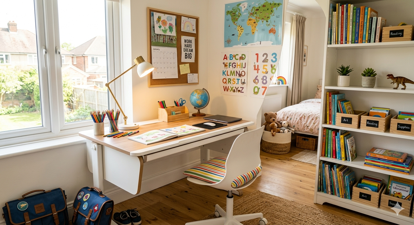 Espace de travail lumineux pour enfant avec bureau, rangements et lampe