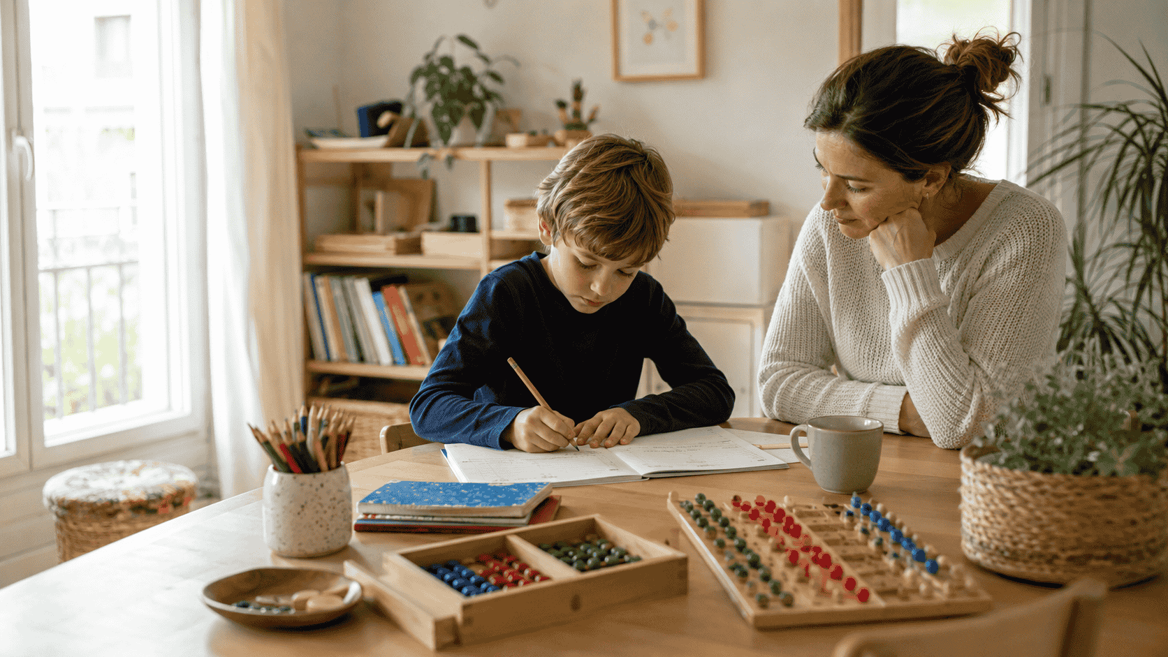 Enfant faisant ses devoirs dans un espace calme avec un parent en accompagnement
