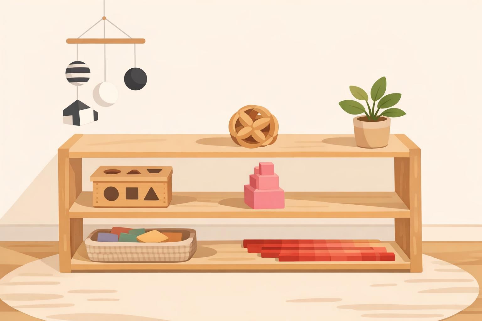 Étagère basse de matériel Montessori en bois classé par âge, de la naissance à 6 ans