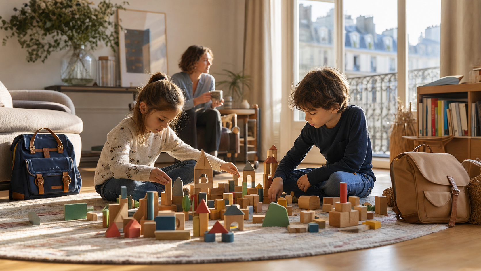 Jouer-sans-ecran-apres-lecole-instaurer-le-reflexe Enfants construisant une ville en blocs de bois après l'école