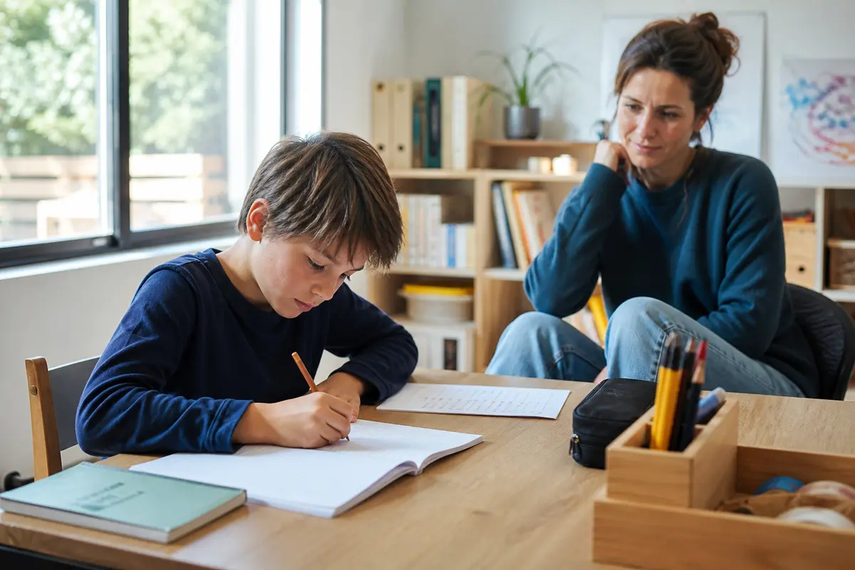 Parent accompagnant son enfant pendant les devoirs sans faire l'exercice à sa place