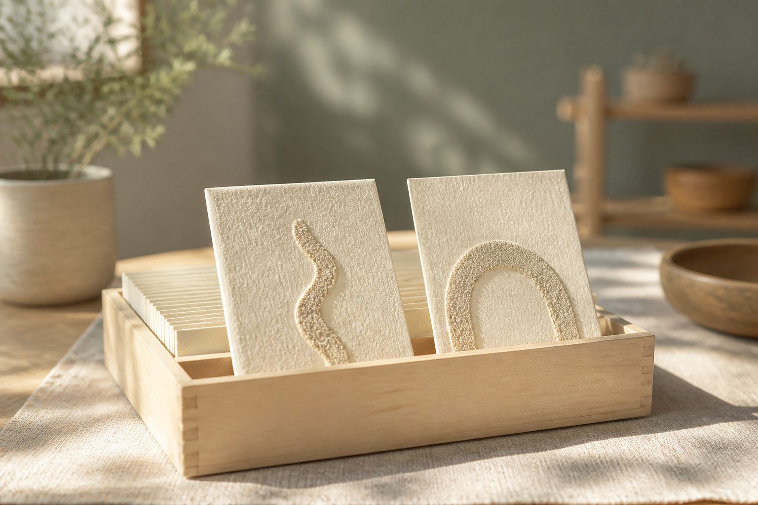 Lettres rugueuses Montessori dans une boîte en bois clair posée sur un tapis de lin