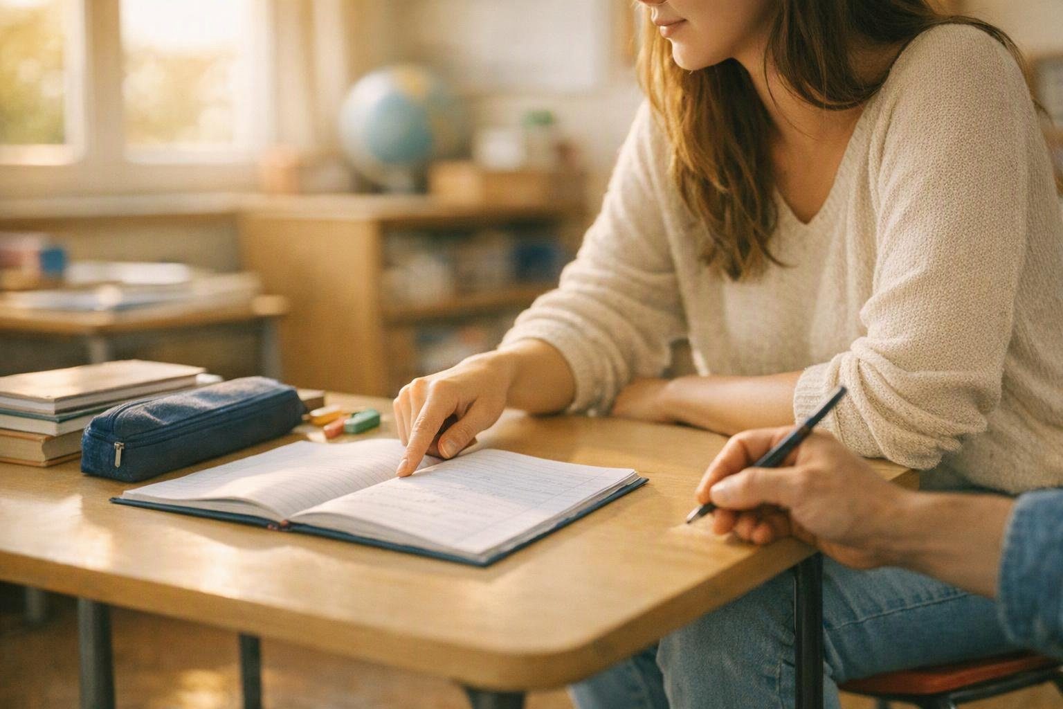 Un étudiant aide un enfant à faire ses devoirs dans une salle de classe