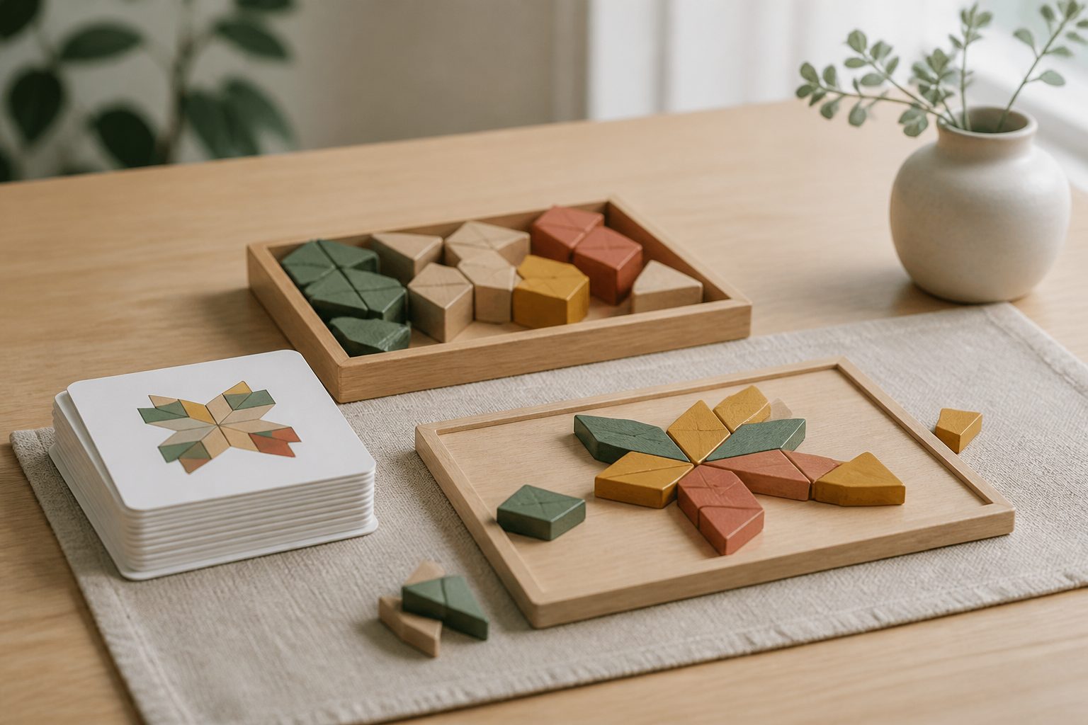 Jeu de logique en bois avec blocs géométriques colorés et cartes de modèles sur une table en chêne