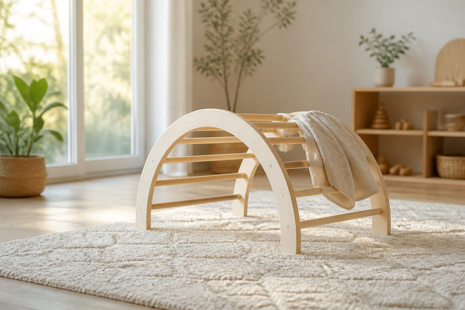 arche-montessori Arche Montessori en bois clair posée sur un tapis en laine crème dans un coin de jeu lumineux