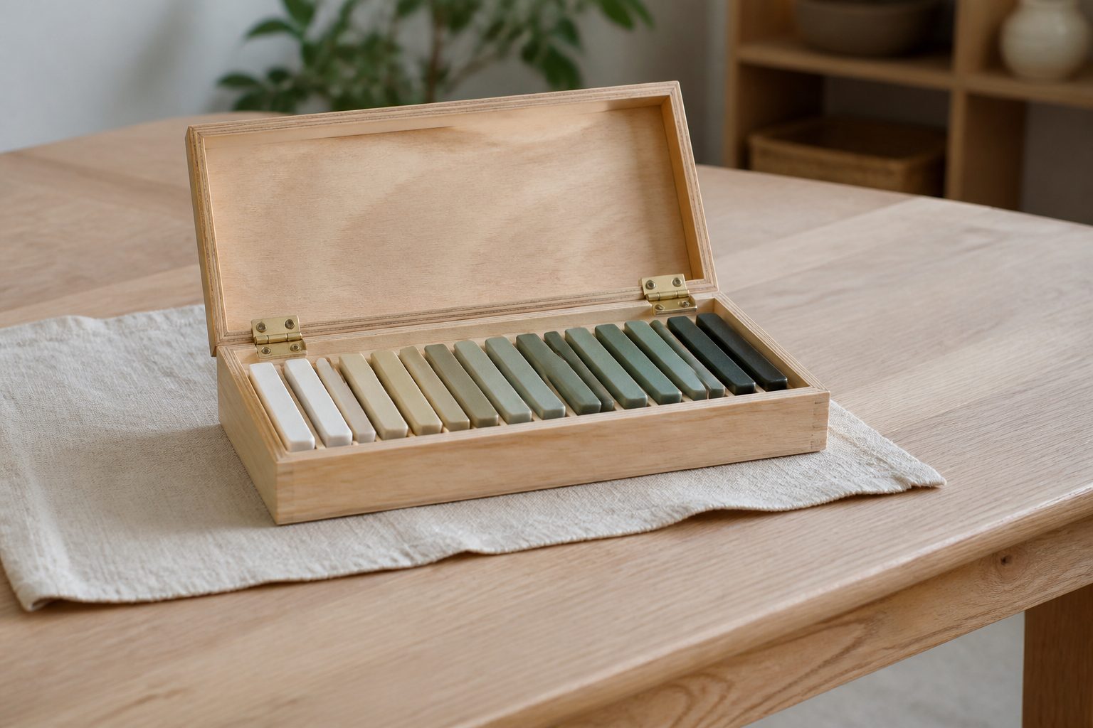 Boîte de couleurs Montessori ouverte, tablettes de bois rangées du plus clair au plus foncé
