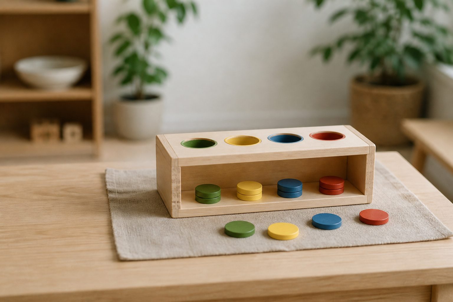 boite-de-tri-montessori Boîte de tri Montessori en bois avec disques colorés posés à côté sur une table en chêne