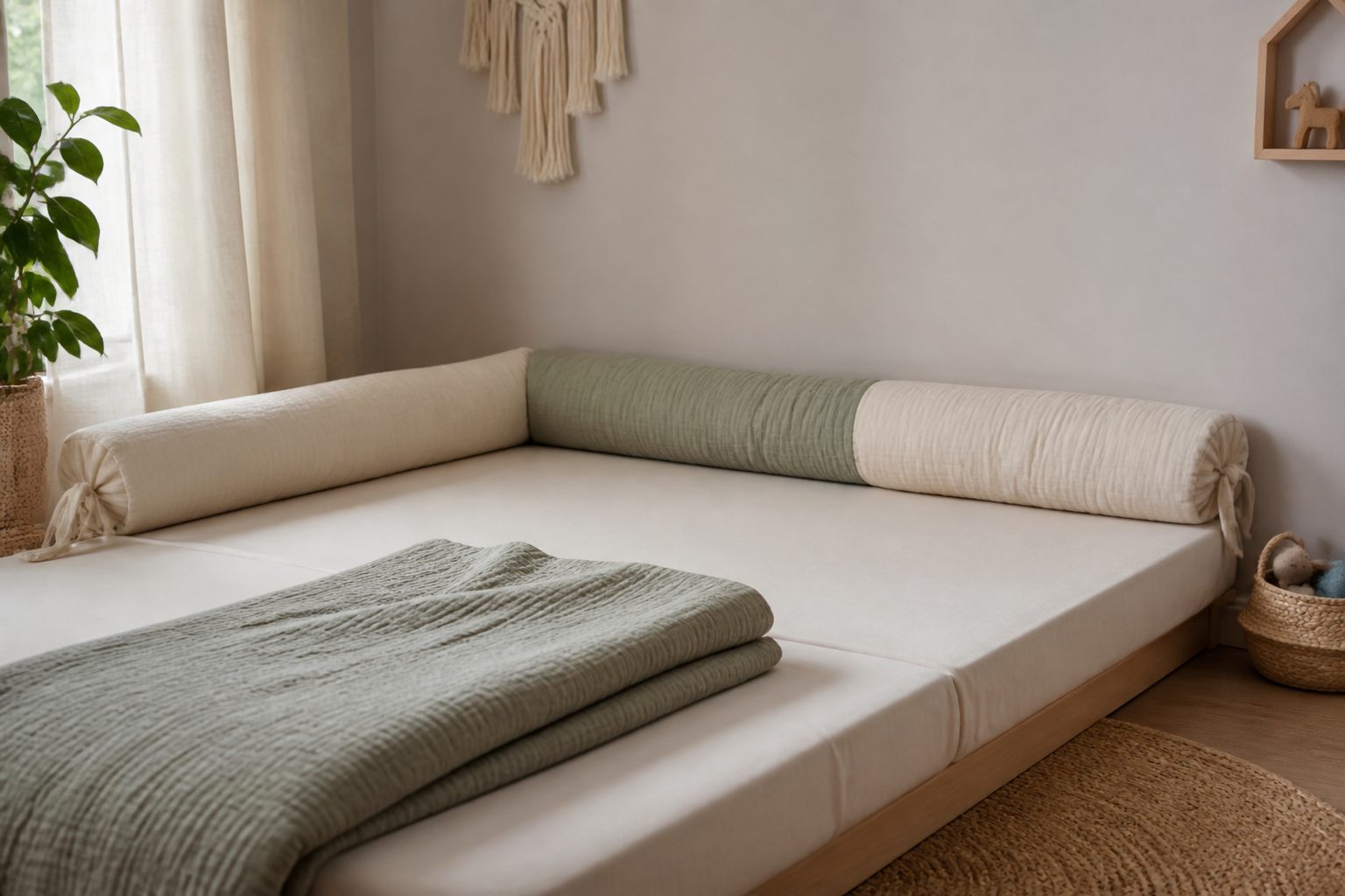 Boudin de lit matelassé en coton crème et vert sauge bordant un lit au sol