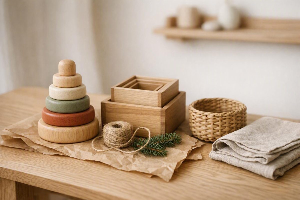 cadeau-noel-montessori Cadeau de Noël Montessori : jouets en bois naturel emballés dans du papier kraft