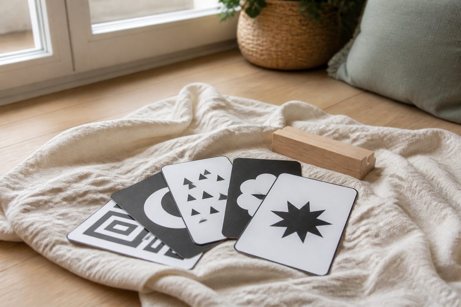cartes-contrastees Cartes contrastées noir et blanc pour bébé disposées en éventail sur un lange en coton crème