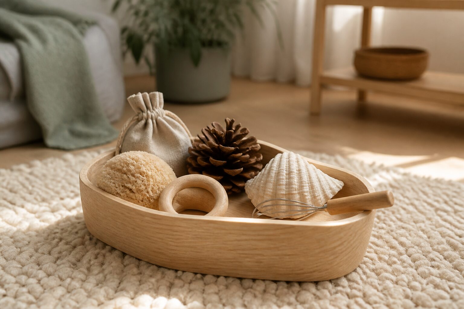 coffre-tresor Panier à trésors en osier rempli d’objets naturels : anneau en bois, pomme de pin, coquillage et éponge
