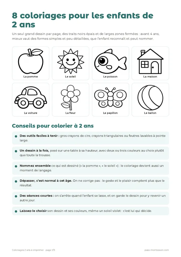Aperçu des 8 coloriages pour enfant de 2 ans à imprimer : pomme, soleil, poisson, maison, voiture, fleur, papillon, ballon