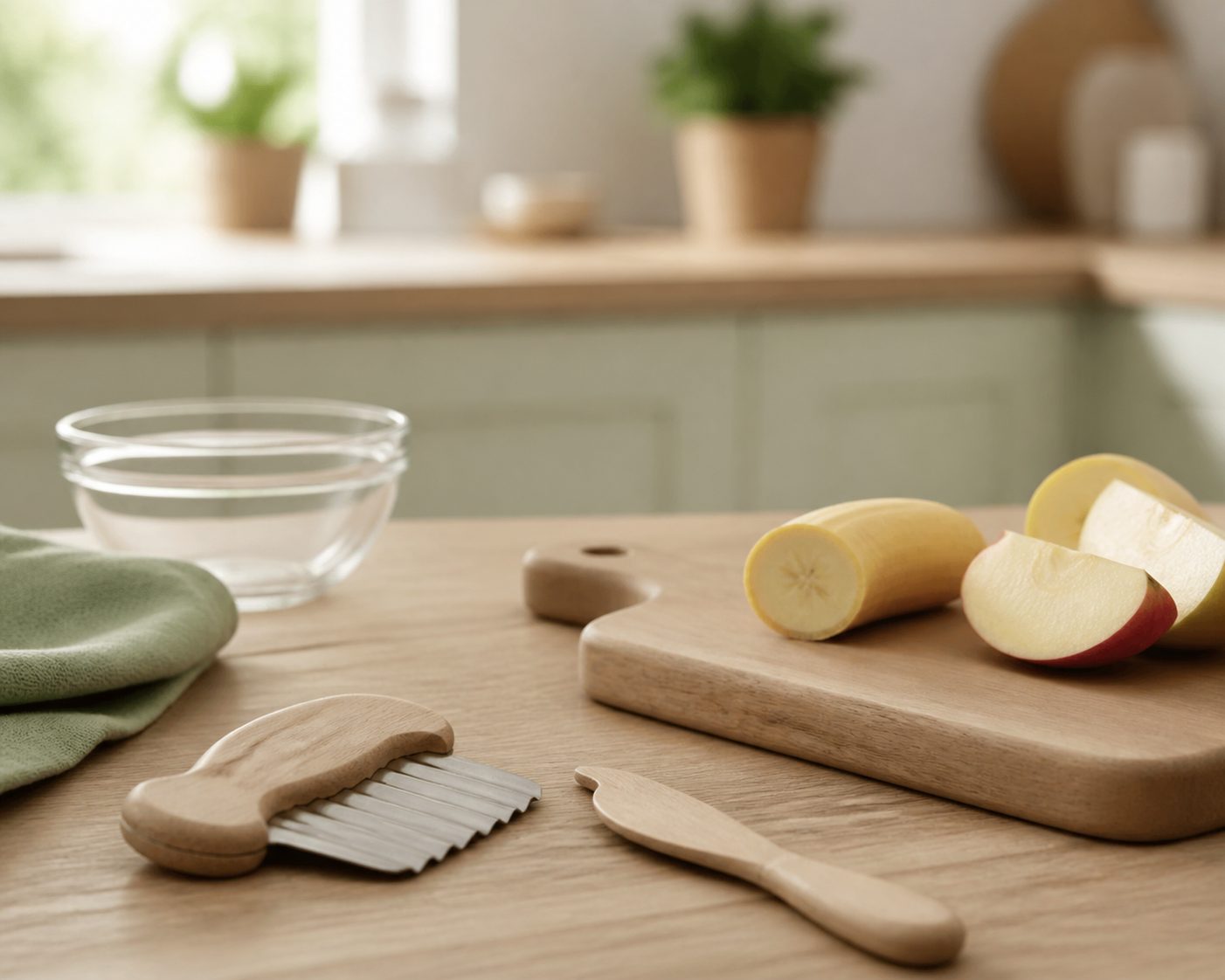 couteau-montessori Couteau ondulé et couteau à beurre en bois pour enfant, posés près d’une banane et de quartiers de pomme