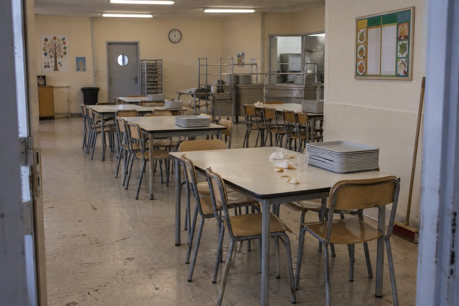 ecole-de-crepy-en-valois-pourquoi-des-enfants-mangent-le-bra-img-1790707518 Réfectoire scolaire vide, tables et chaises en rangs après le service de midi