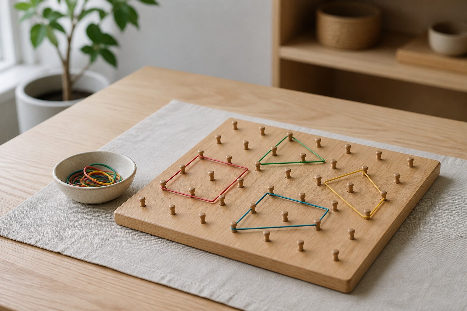 Géoplan Montessori en bois avec élastiques colorés tendus en formes géométriques