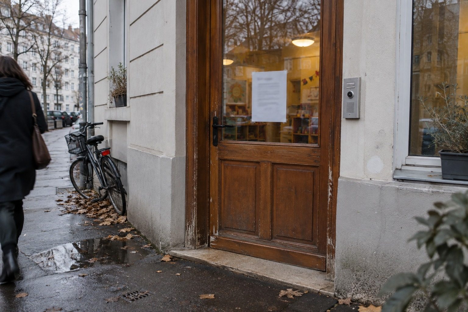 greve-du-29-septembre-ce-qui-change-pour-la-garde-d-enfants-img-1790594117 Sac à dos d'enfant tenu devant la porte fermée d'une crèche un matin de grève.