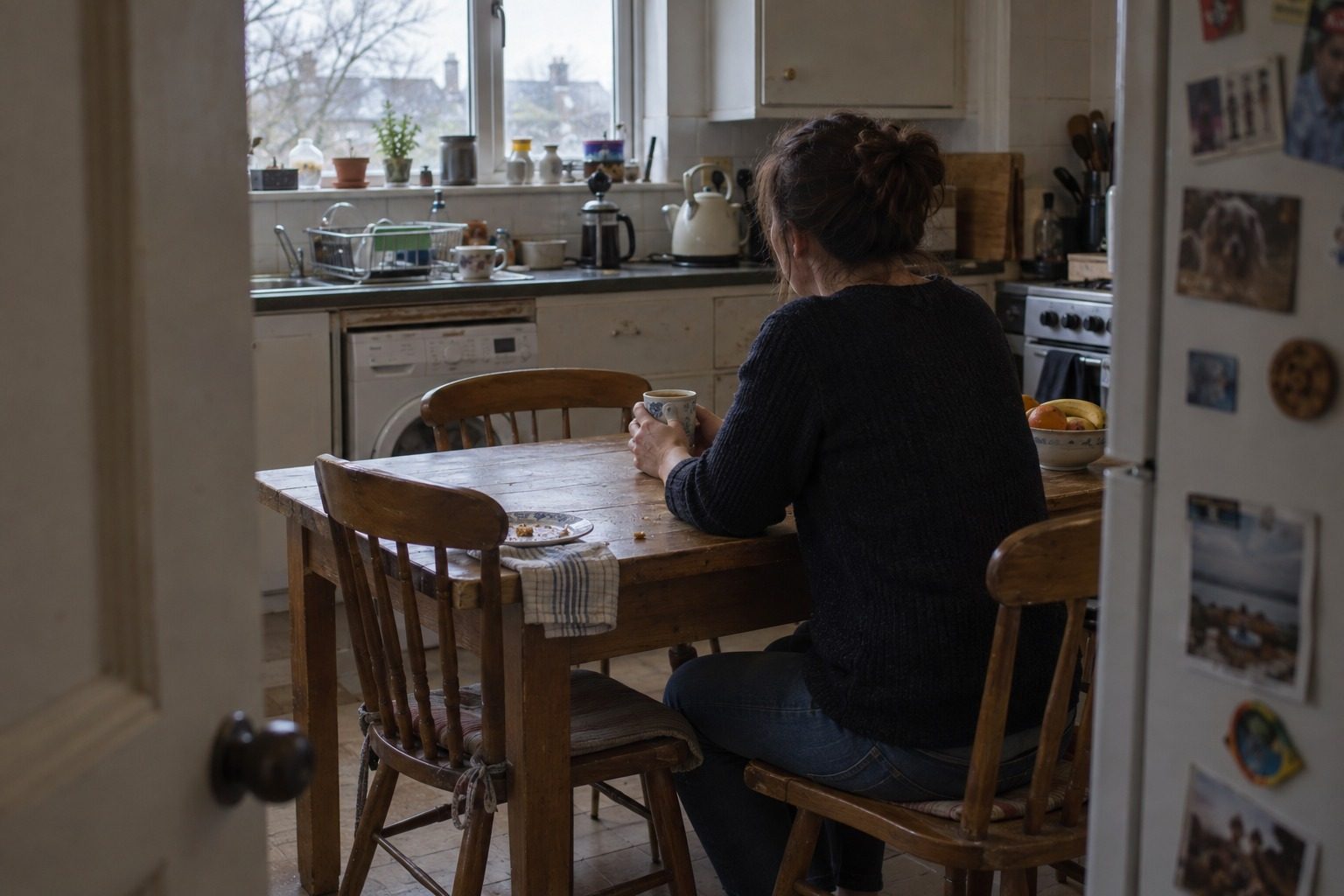 Une adulte assise seule à table, mains autour d'une tasse, chaise vide à côté