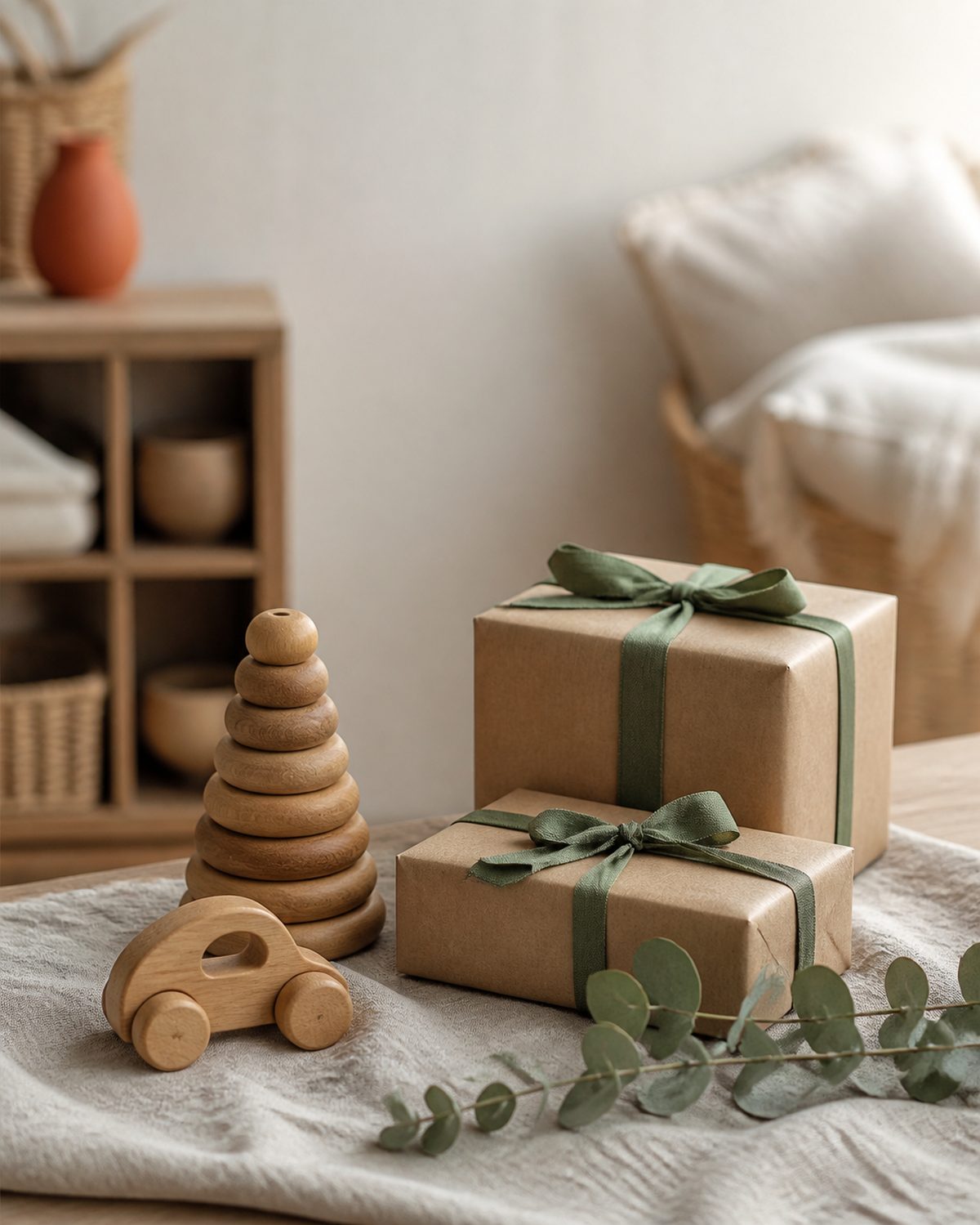 idees-cadeaux-1-an-garcon Deux cadeaux en papier kraft à côté d’un jouet à empiler en bois