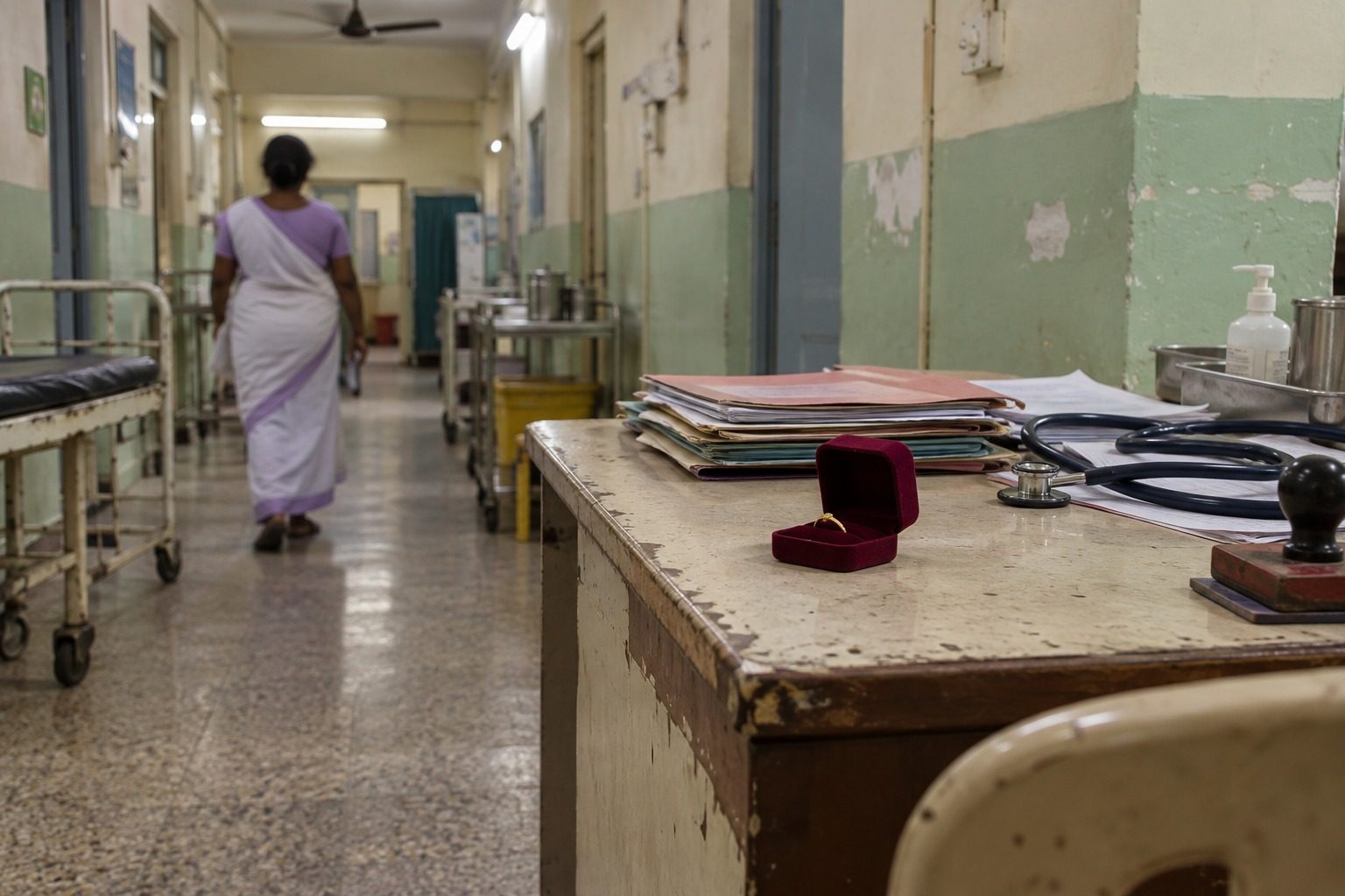 Comptoir de maternité en Inde avec écrin de bague en or et dossiers médicaux