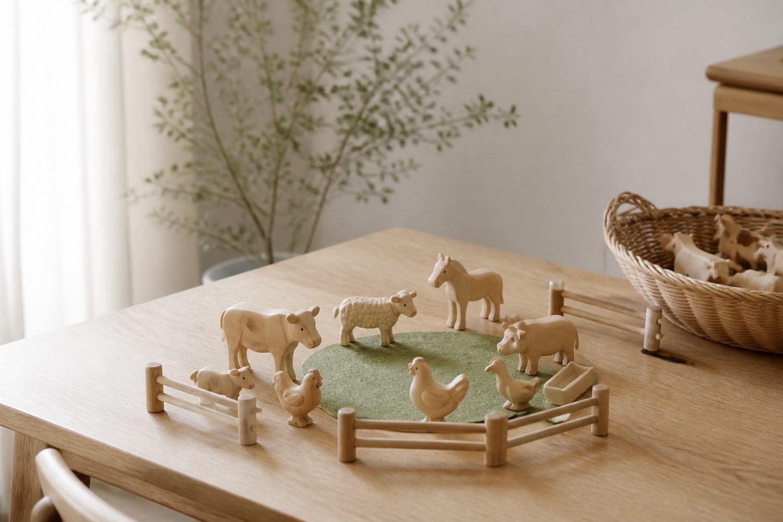 jeu-de-la-ferme-montessori Figurines d’animaux de la ferme en bois disposées sur un tapis vert avec une barrière