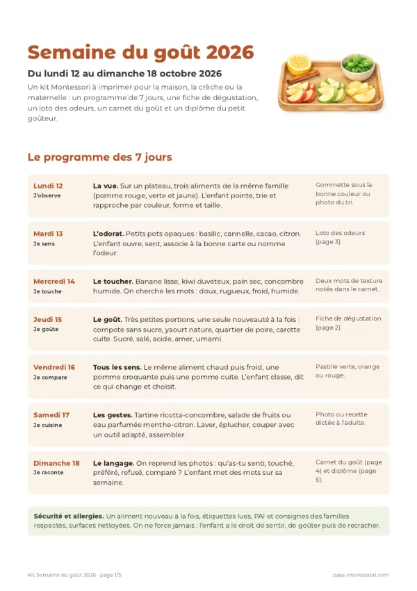 Aperçu du kit Semaine du goût 2026 à imprimer : programme Montessori des 7 jours du 12 au 18 octobre