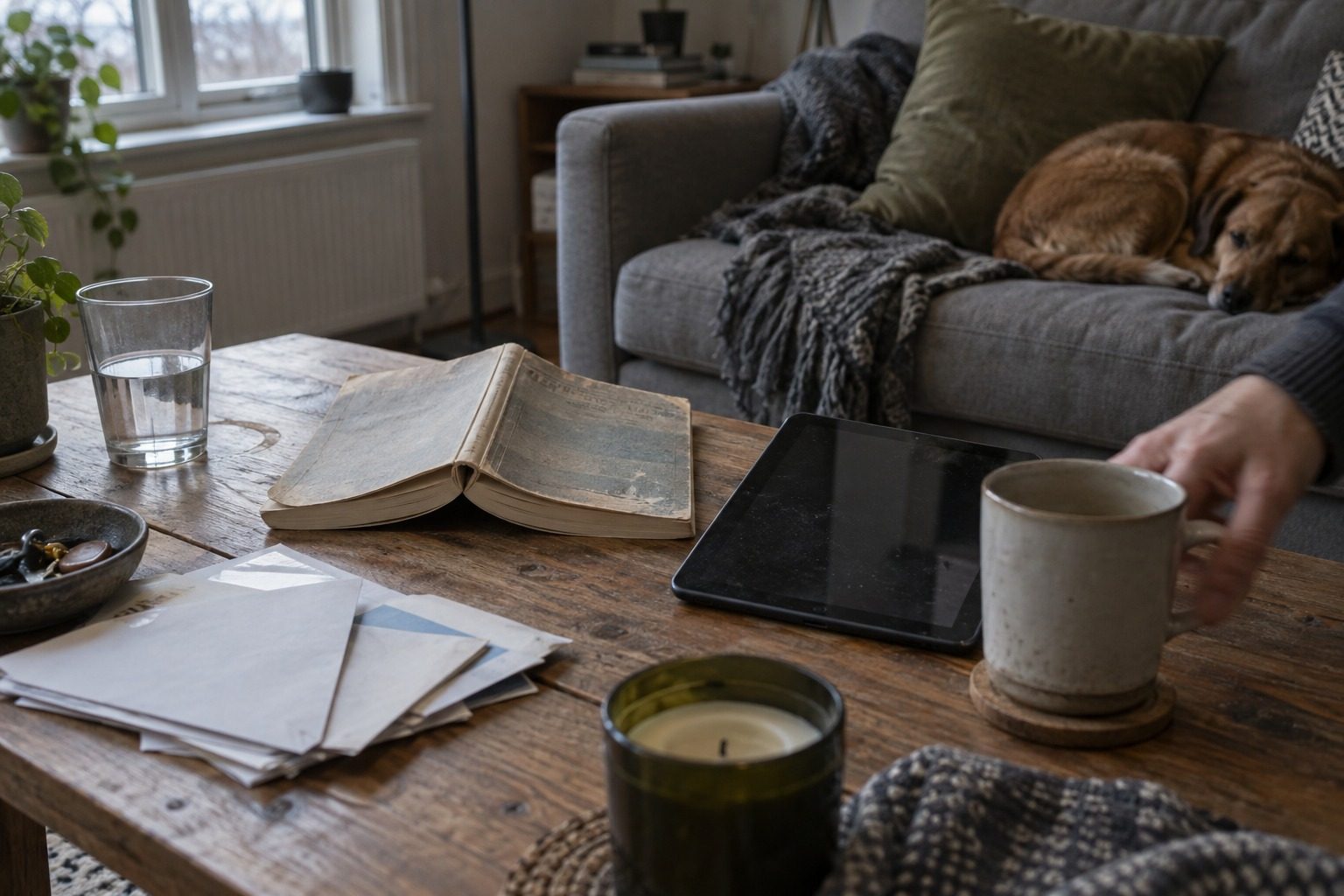Un livre ouvert posé à côté d'une tablette sur une table en bois