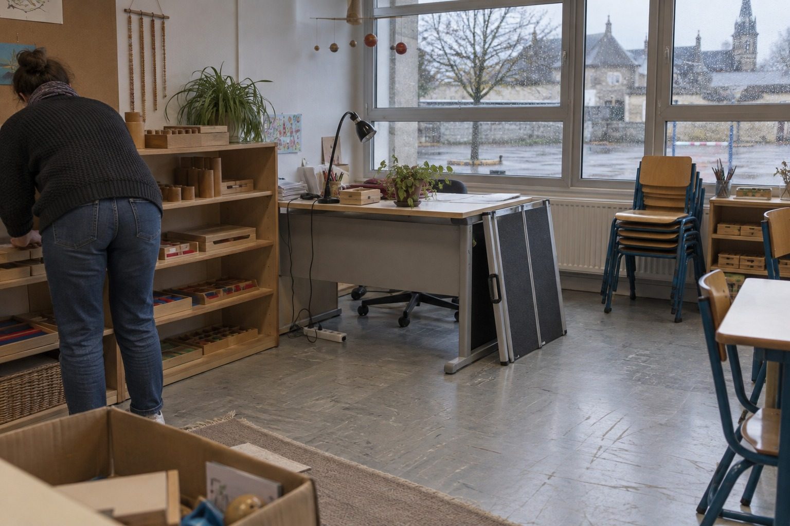 Enseignante aménageant une salle de classe primaire avec un bureau accessible.