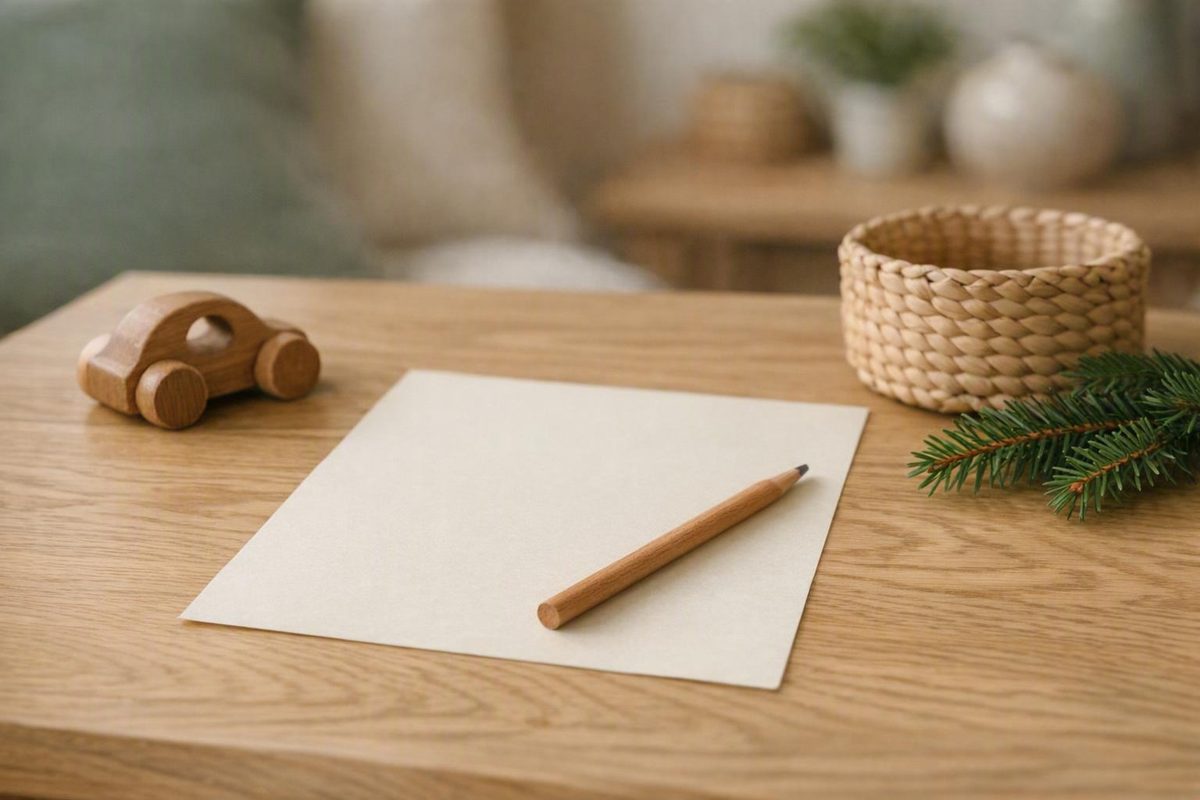 liste-de-noel-enfant Liste de Noël d’un enfant : feuille de papier et crayon de bois sur une table en chêne clair