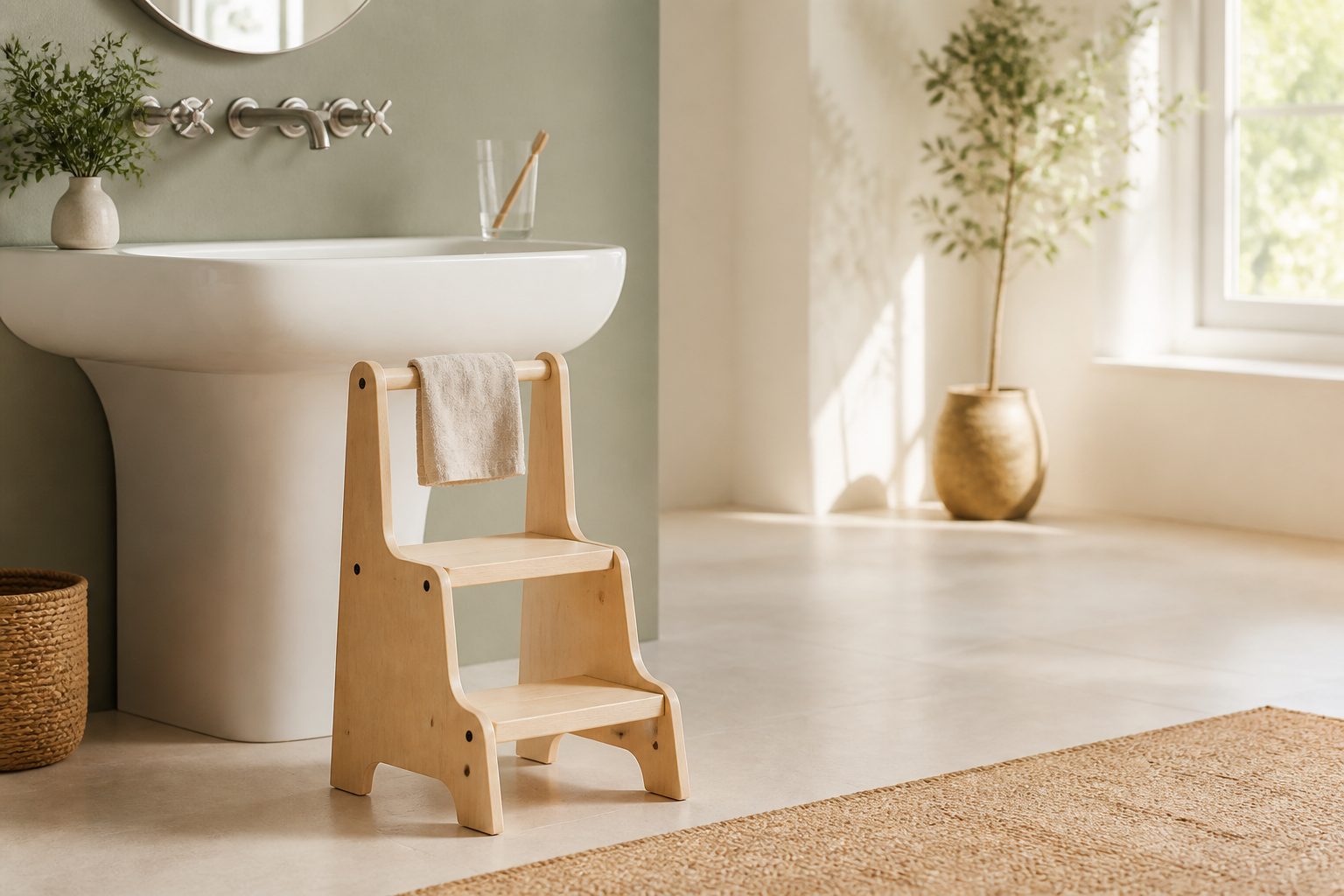 marchepied-enfant Marchepied en bois à deux marches devant un lavabo de salle de bain, avec une petite serviette en lin