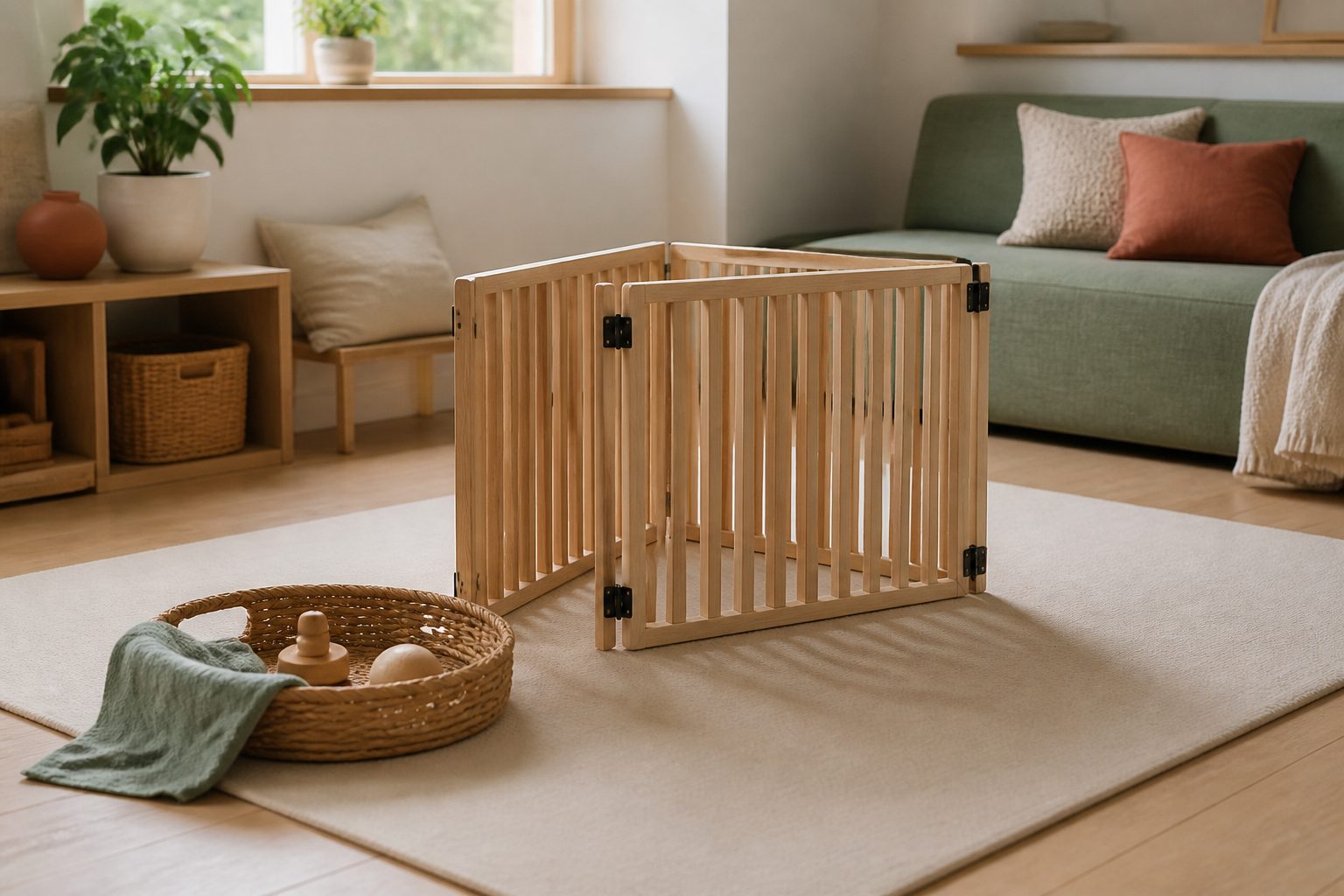 parc-bebe-pliable Parc bébé pliable en bois clair, ouvert sur un tapis de jeu beige dans un salon lumineux
