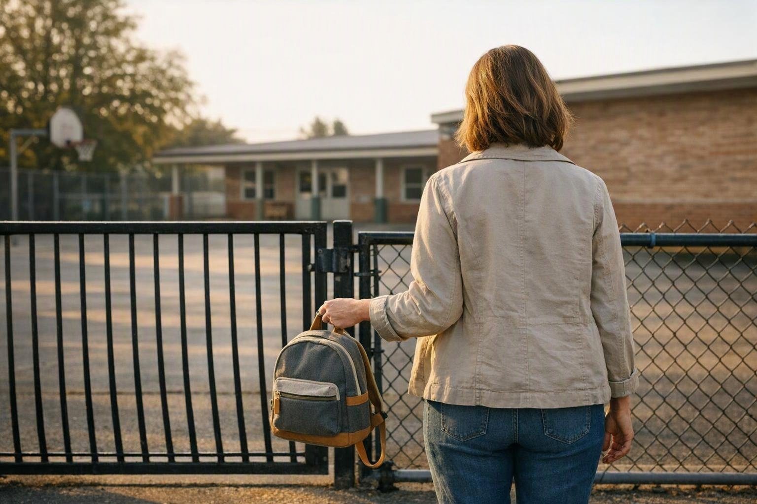 Une femme devant le portail fermé d’une école vide, un petit sac à dos à la main