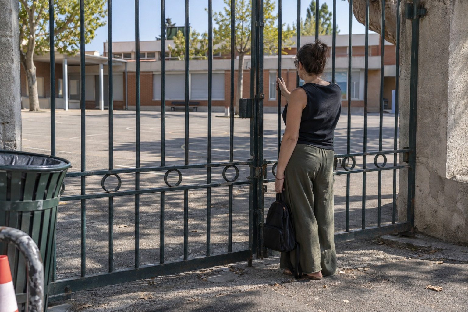 Femme de dos devant le portail fermé d'une école primaire, cour vide, matin ensoleillé