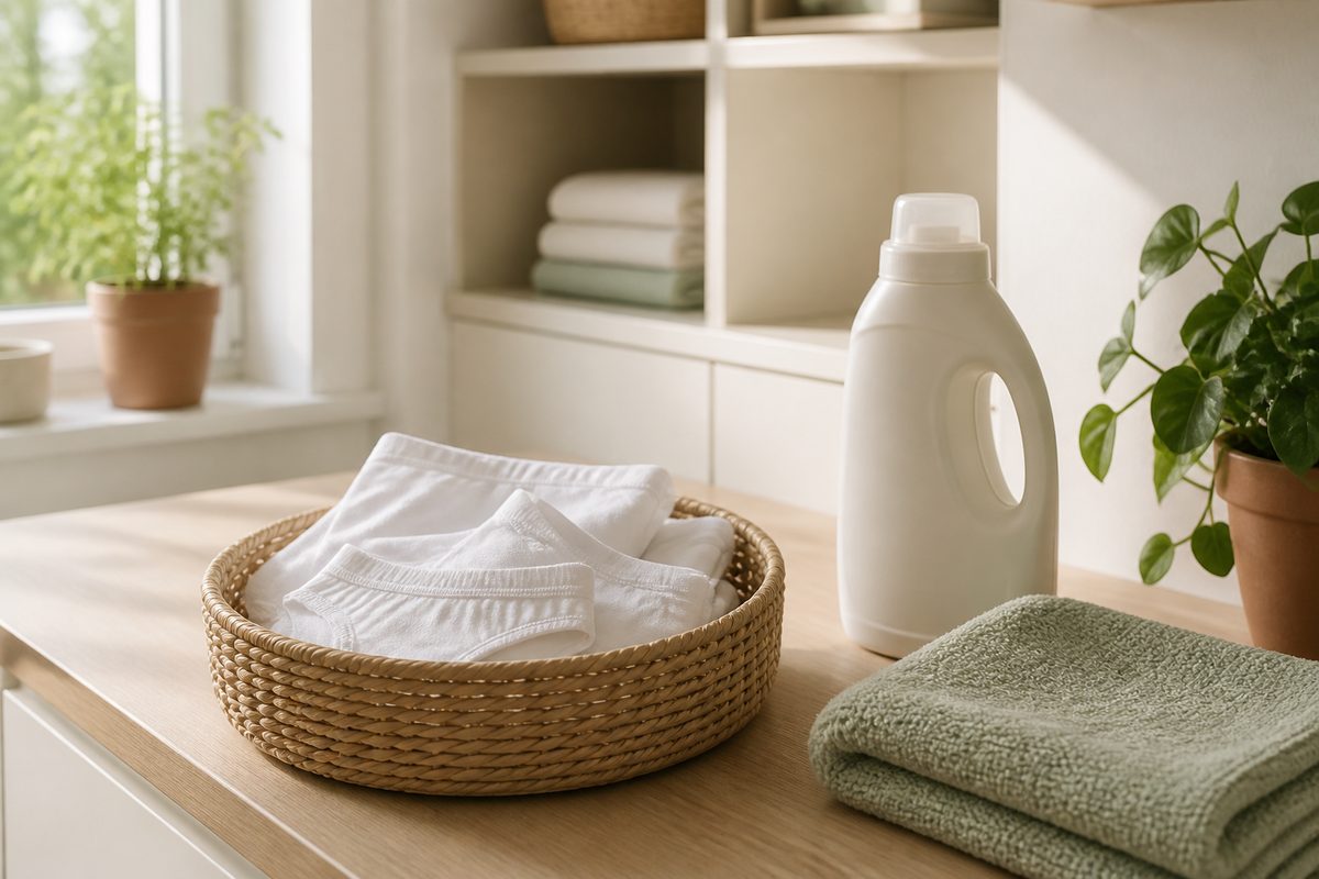 traces-selles-slip-enfant Panier à linge en osier avec sous-vêtements d’enfant pliés