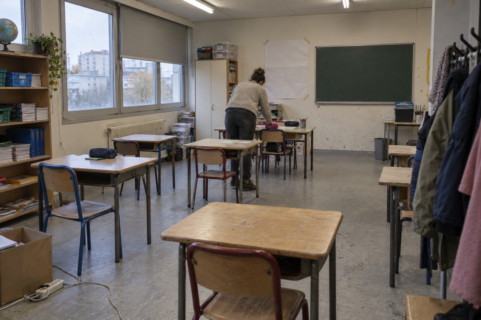 Salle de classe de CP vide avec peu de tables, enseignante de dos au fond, lumière de plafonniers