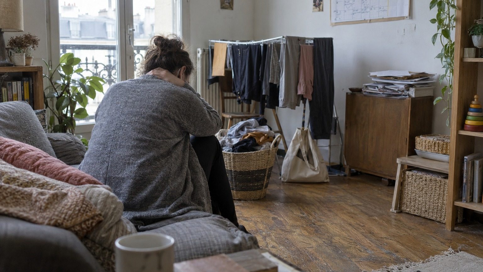20-des-parents-en-mal-etre-ou-en-fatigue-intense-pourquoi-vo-img-1791744335 Adulte de dos, assis sur un canapé au milieu du linge et des jouets rangés, le regard vers la fenêtre