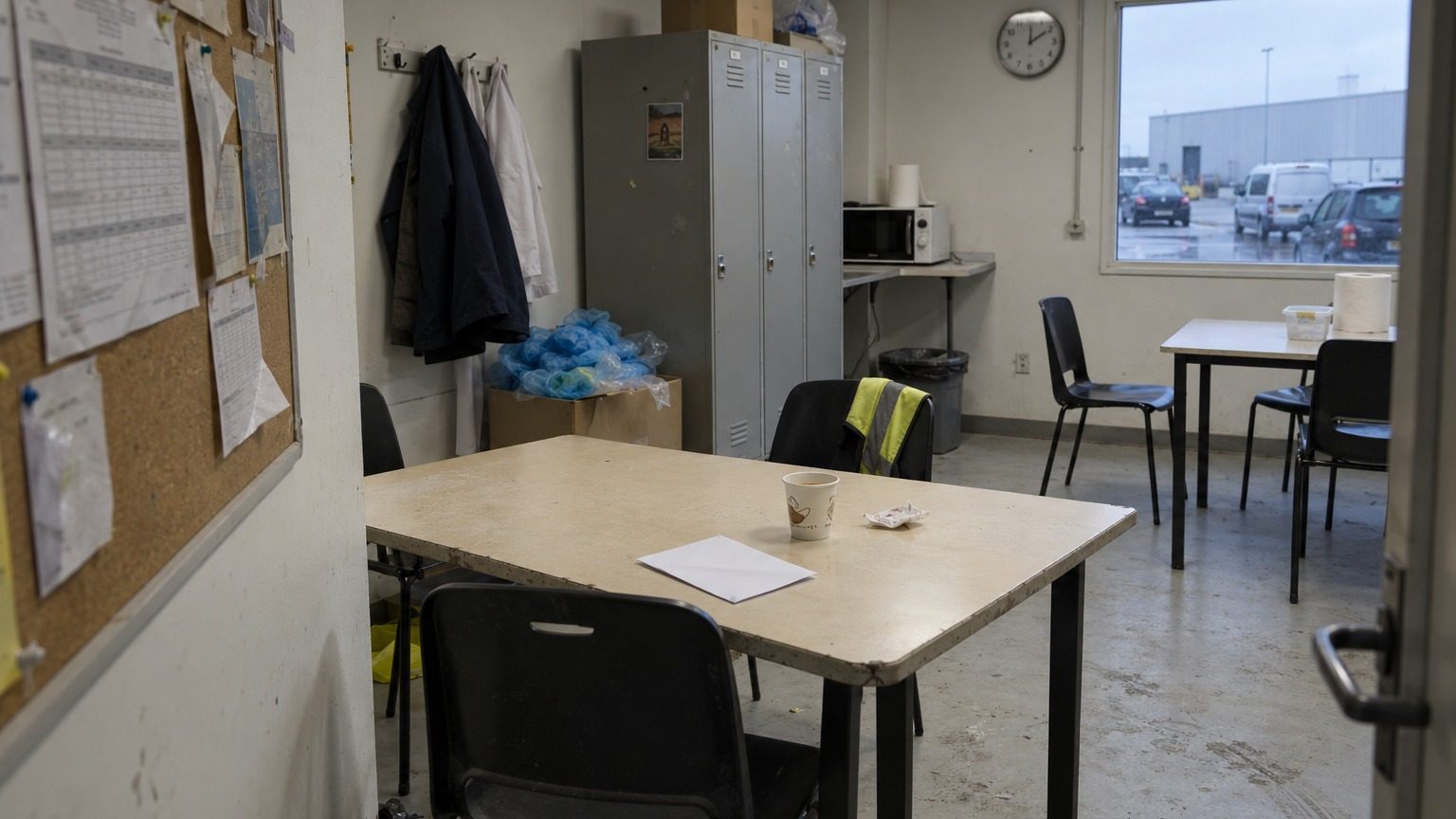 Salle de pause vide d'un entrepôt, planning de travail punaisé de travers, enveloppe blanche et gobelet de café sur la table