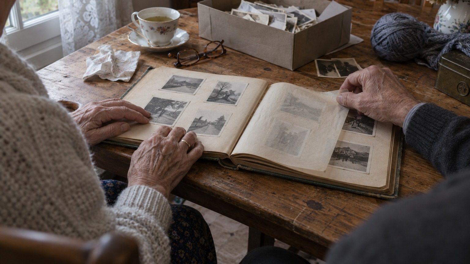Mains de grands-parents feuilletant un vieil album photo sur une table de salle à manger, avec une tasse et des lunettes