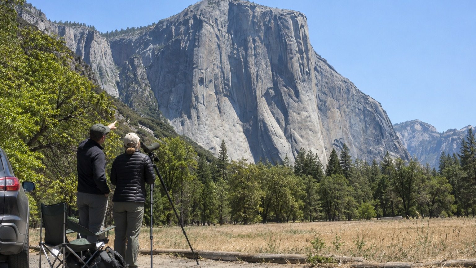 Des adultes de dos avec une longue-vue observent depuis la prairie la paroi d'El Capitan en plein soleil