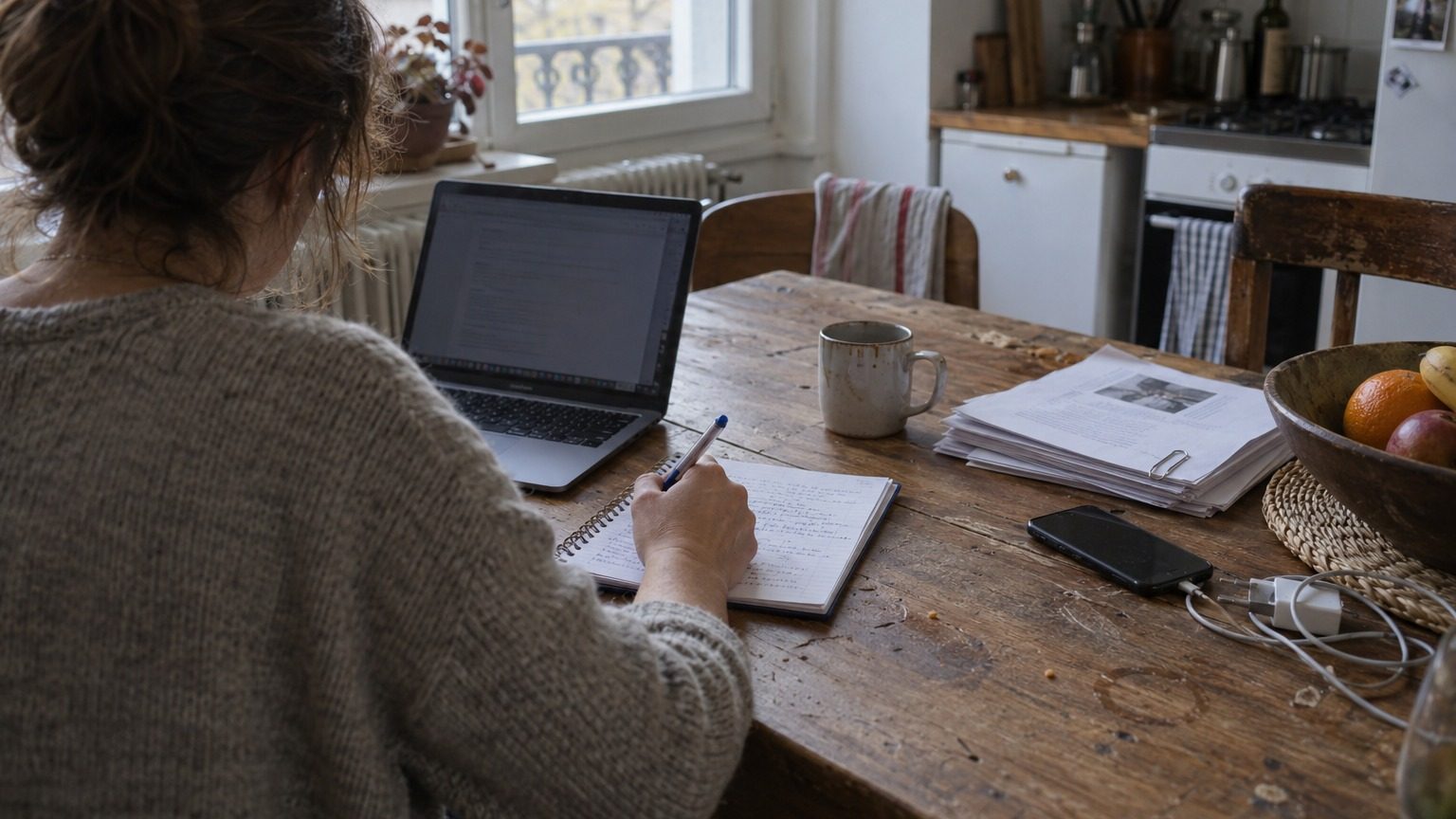 Mains d'une femme annotant un carnet près d'un ordinateur portable sur une table de cuisine en bois usée