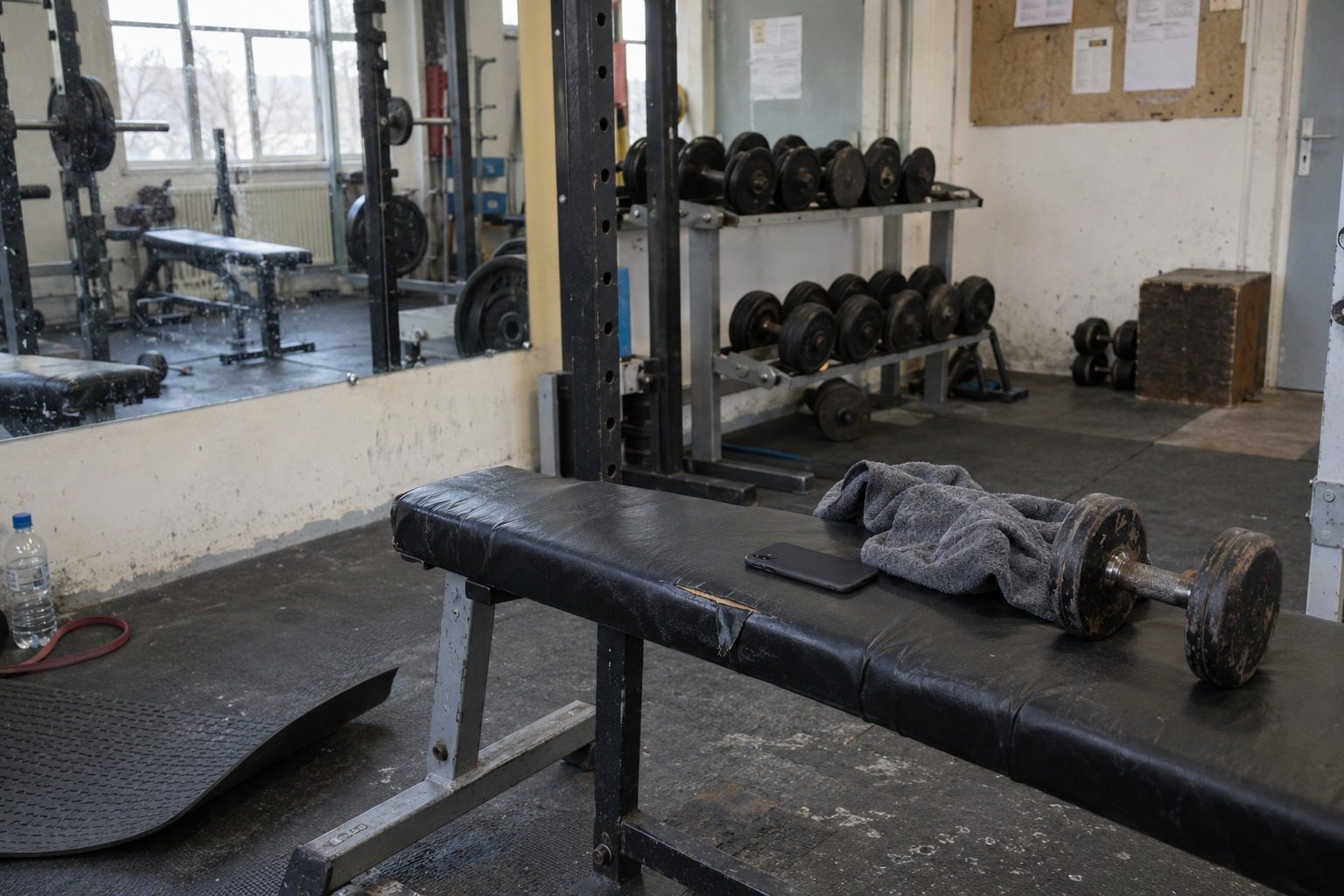 bigorexie-chez-les-ados-pourquoi-les-reseaux-sociaux-lalimen-img-1791226078 Téléphone posé sur un banc de musculation usé près d'haltères écaillées, dans une salle municipale vide