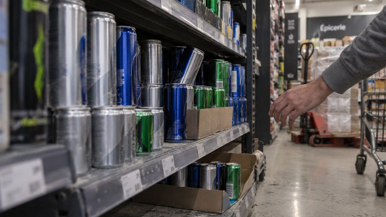Rayon de supermarché avec canettes de boissons énergisantes alignées, étiquettes de prix et une main d'adulte au bord du cadre