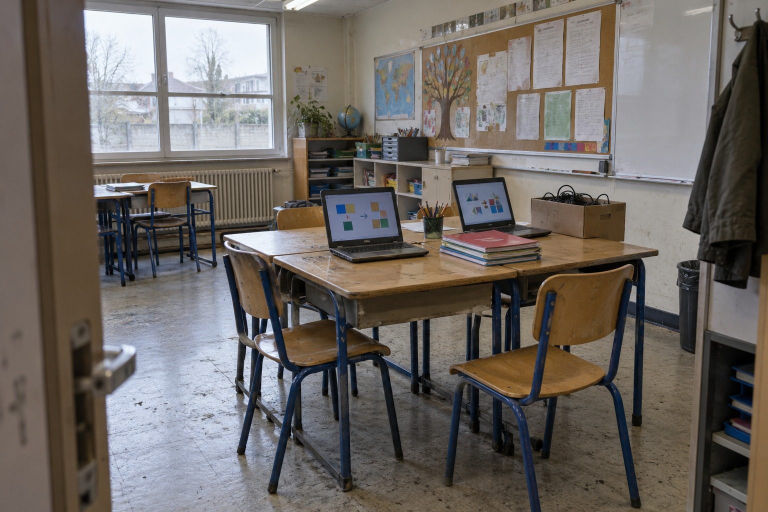 Salle de classe de primaire vide avec ordinateurs portables ouverts sur des tables d'élèves, en plein jour