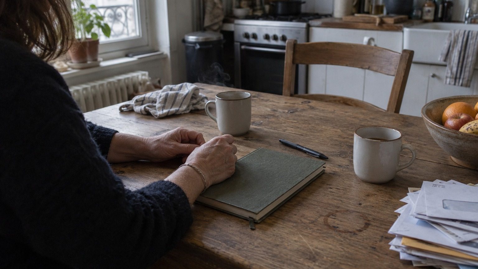 Table de cuisine en bois avec deux tasses, une chaise reculée vide et les mains d'une femme sur un carnet fermé