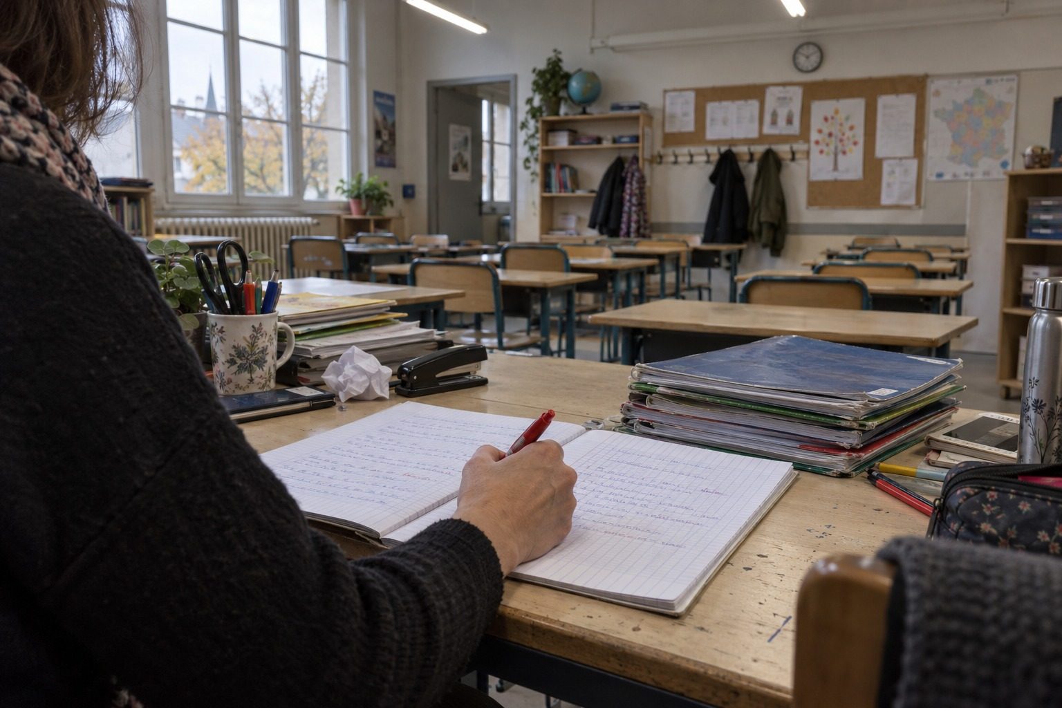 Main d'enseignante corrigeant un cahier d'écriture au stylo rouge, parmi des piles de cahiers sur un bureau d'école