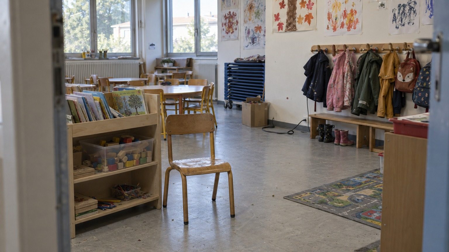 Petite chaise en bois et étagère de livres usés dans une classe de maternelle vide, manteaux accrochés au fond
